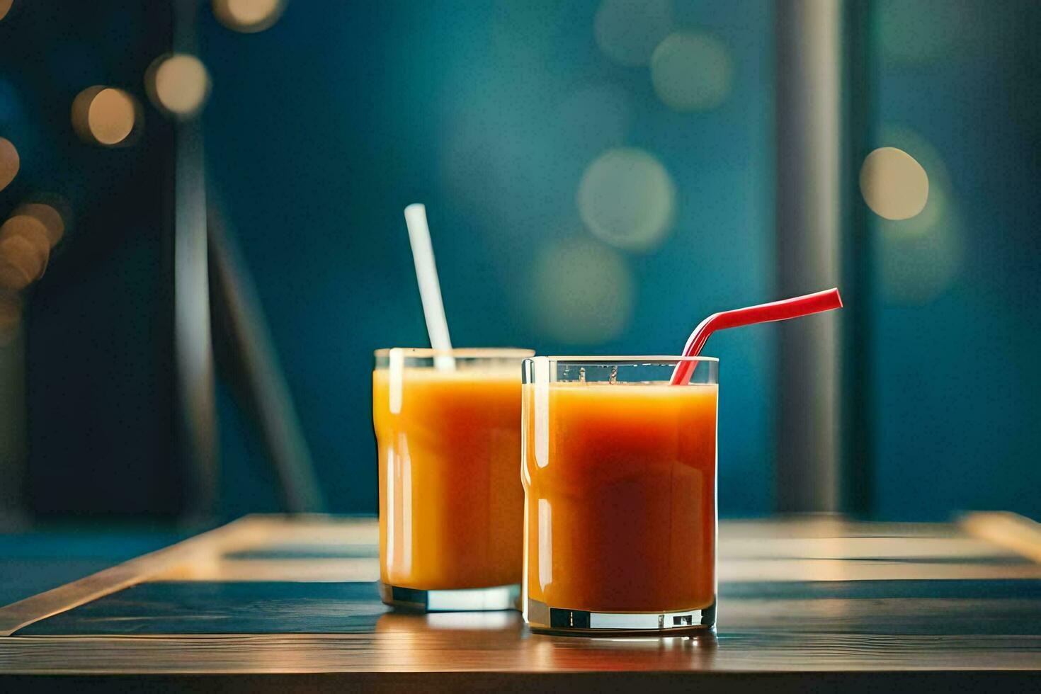 zwei Brille von Orange Saft mit Strohhalme auf ein Tisch. KI-generiert foto