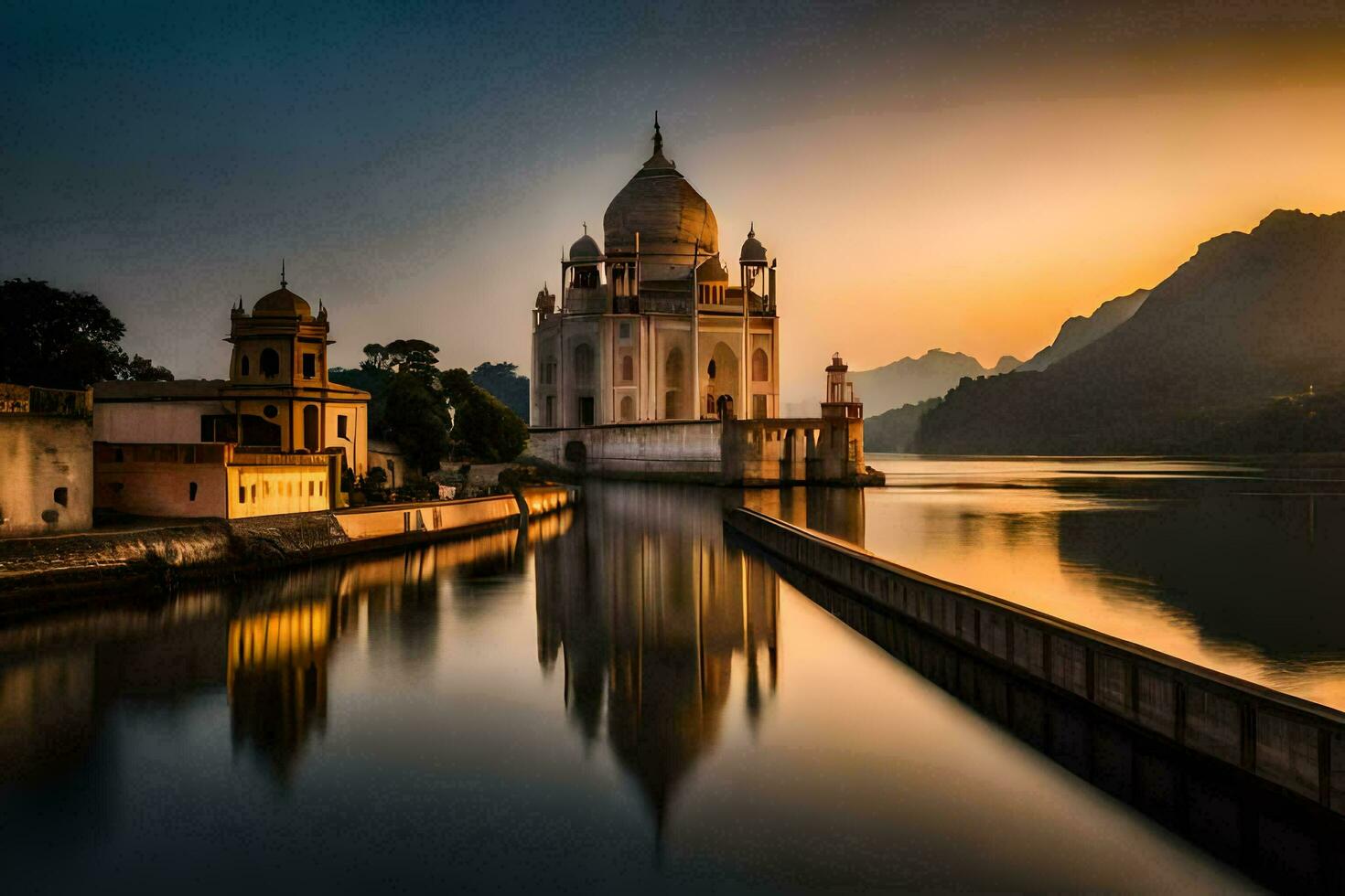 das Sonnenuntergang Über das See im Indien. KI-generiert foto