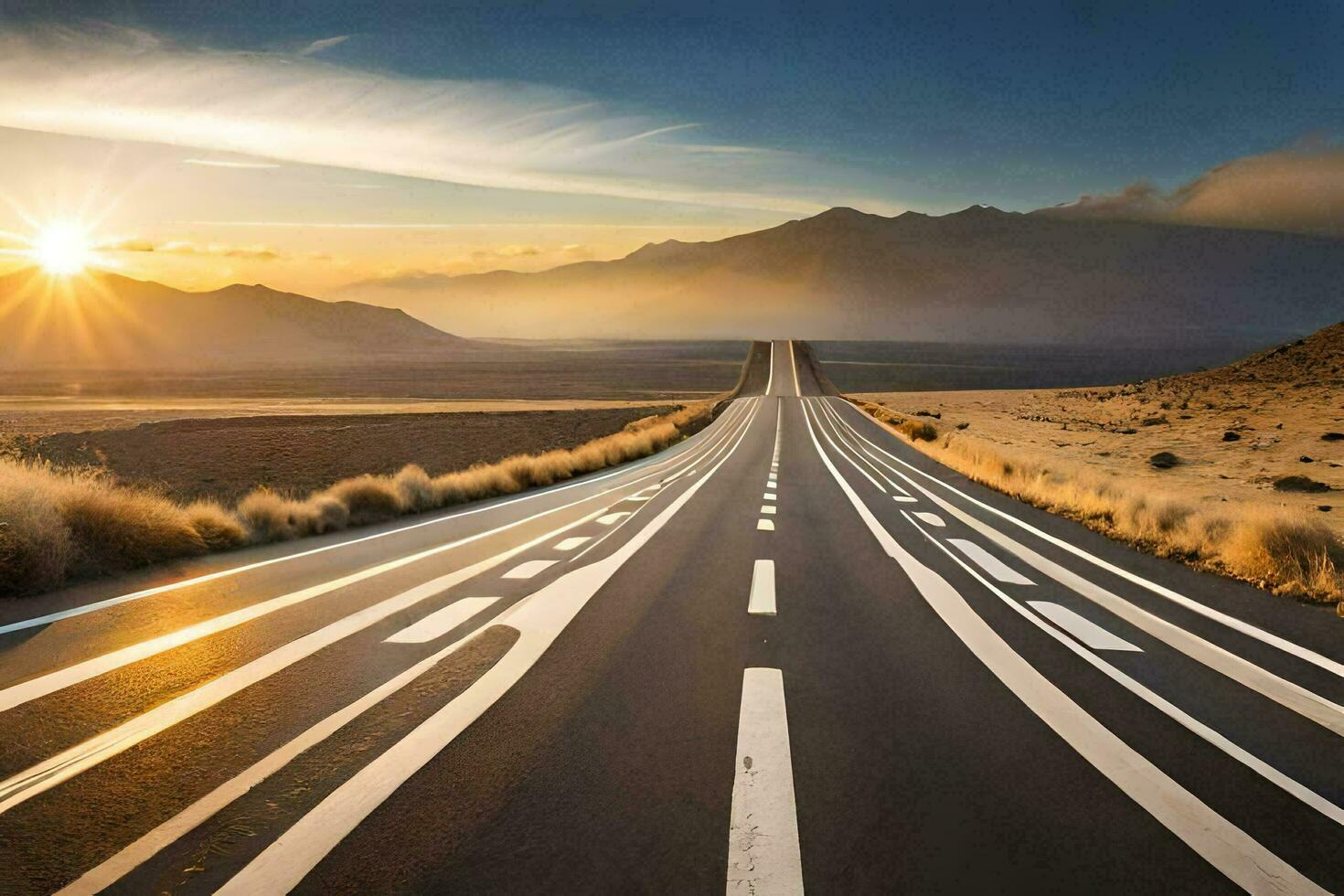 ein lange Straße mit das Sonne Rahmen hinter Es. KI-generiert foto