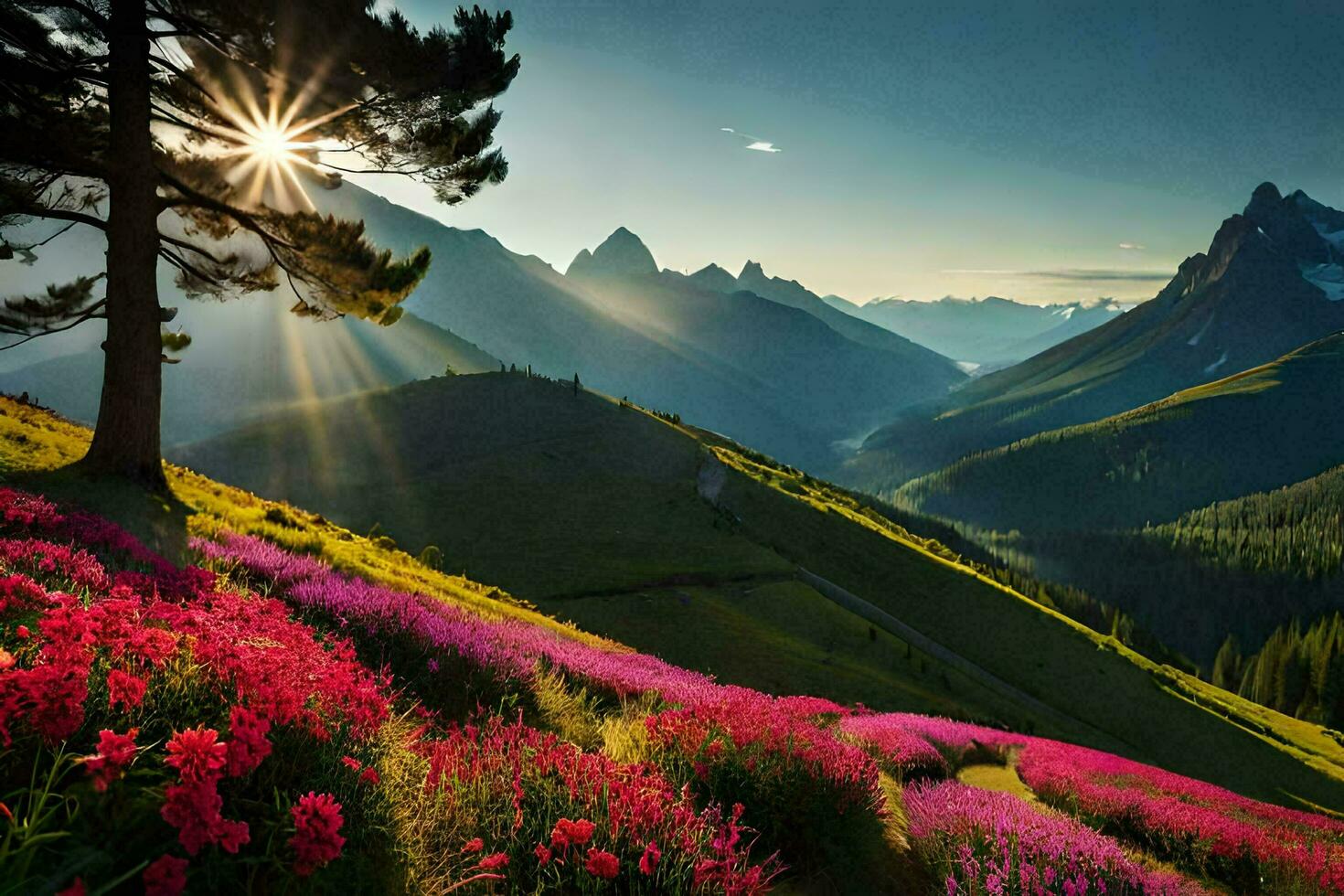 das Sonne scheint Über ein Berg Angebot mit Rosa Blumen. KI-generiert foto