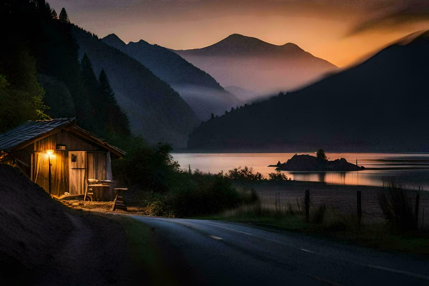 ein Kabine sitzt auf das Seite von ein Straße in der Nähe von ein See. KI-generiert foto