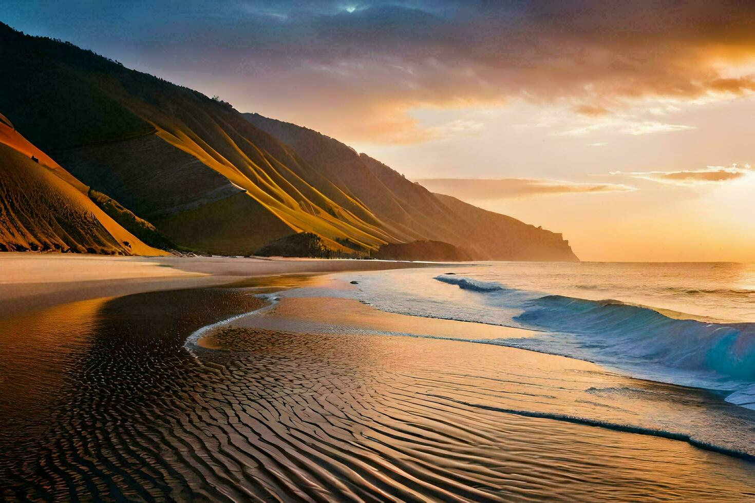 das Sonne setzt Über ein Strand und Berge. KI-generiert foto