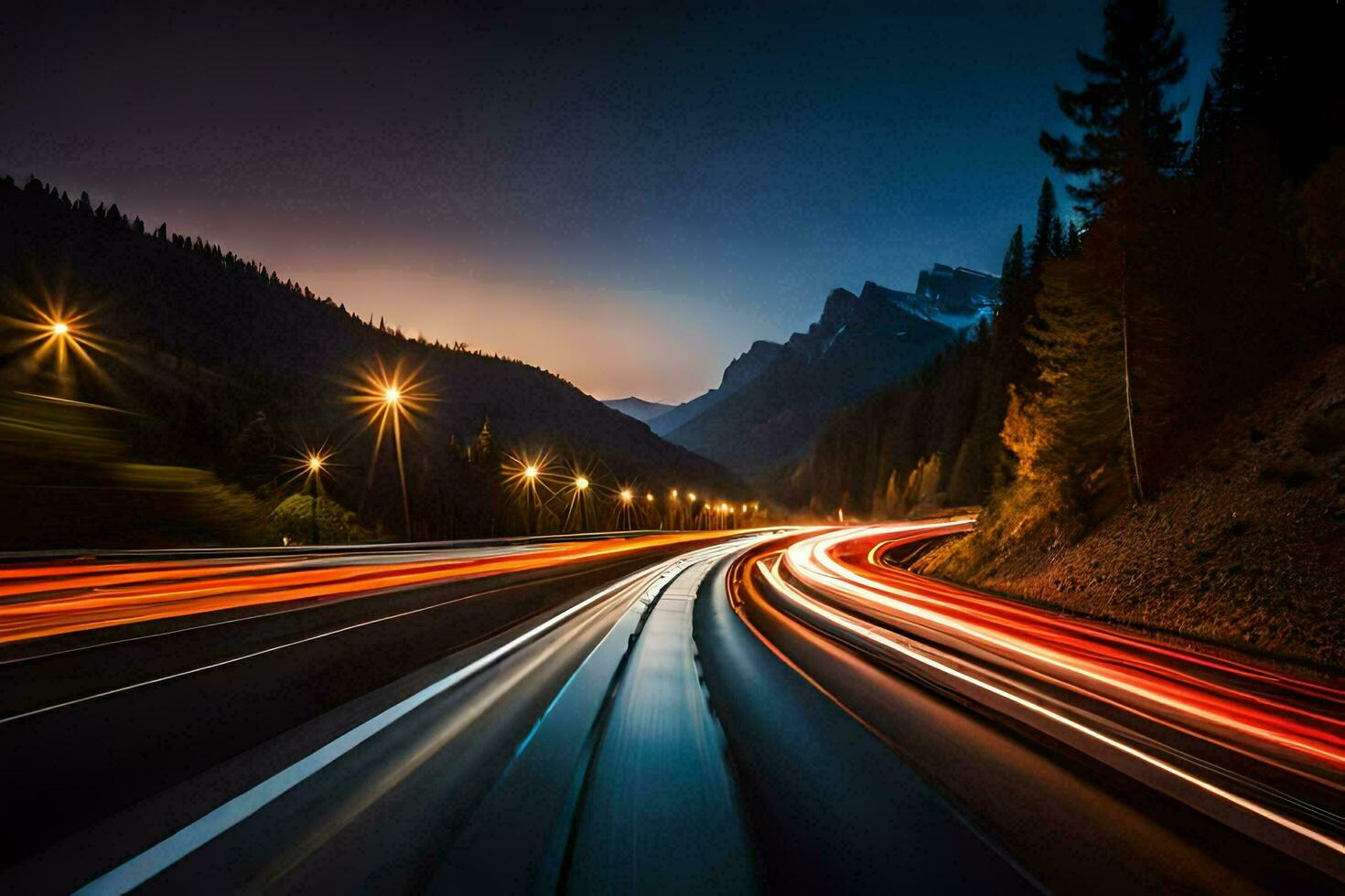 ein lange Exposition Foto von ein Autobahn beim Nacht. KI-generiert