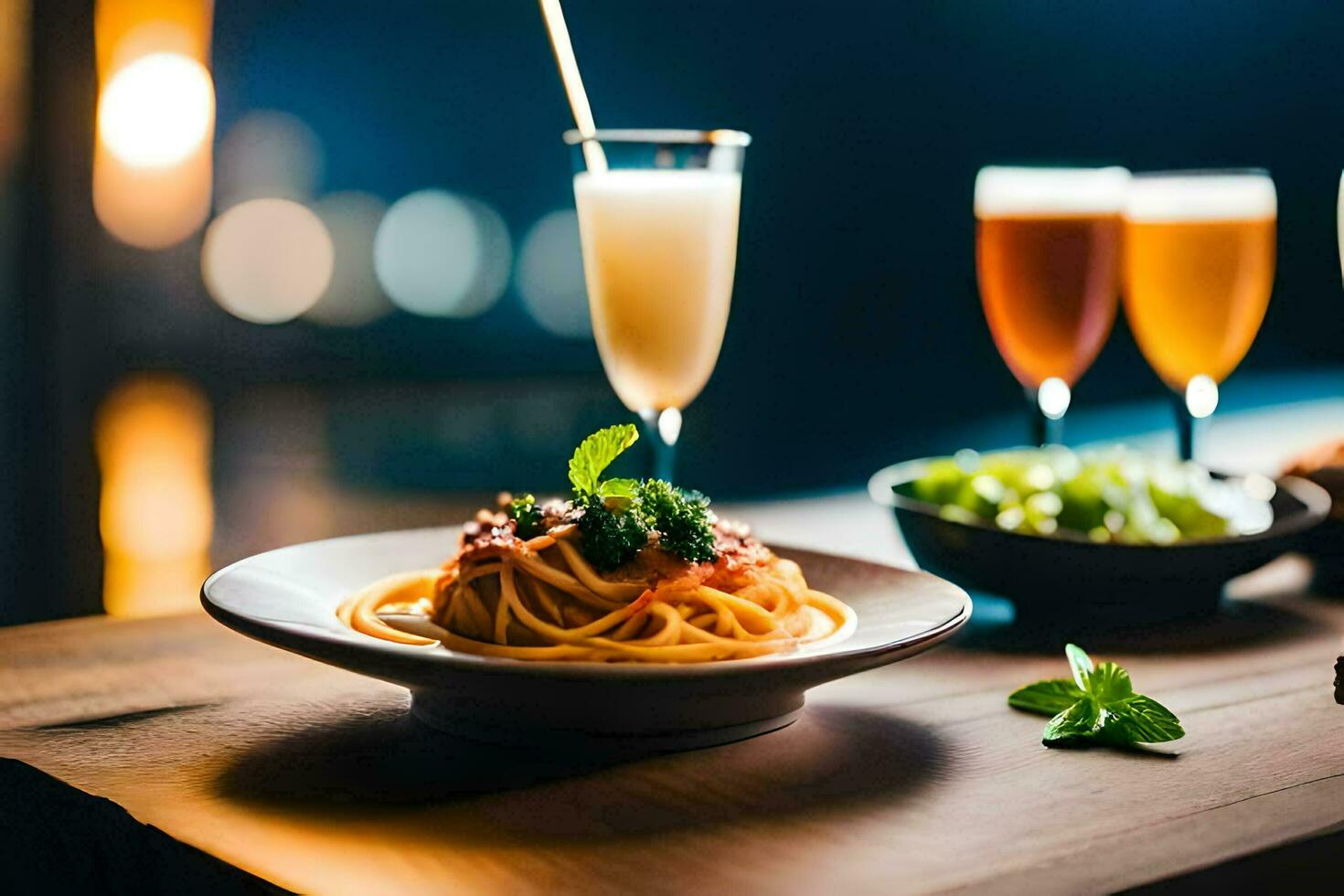 Spaghetti und Wein auf ein hölzern Tisch. KI-generiert foto