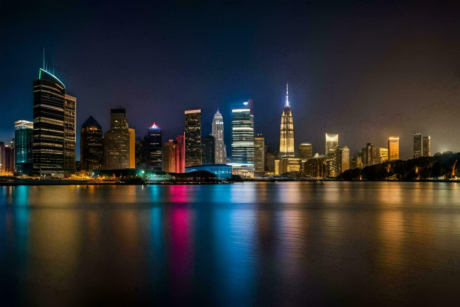 das Stadt Horizont beim Nacht mit Beleuchtung reflektieren aus das Wasser. KI-generiert foto