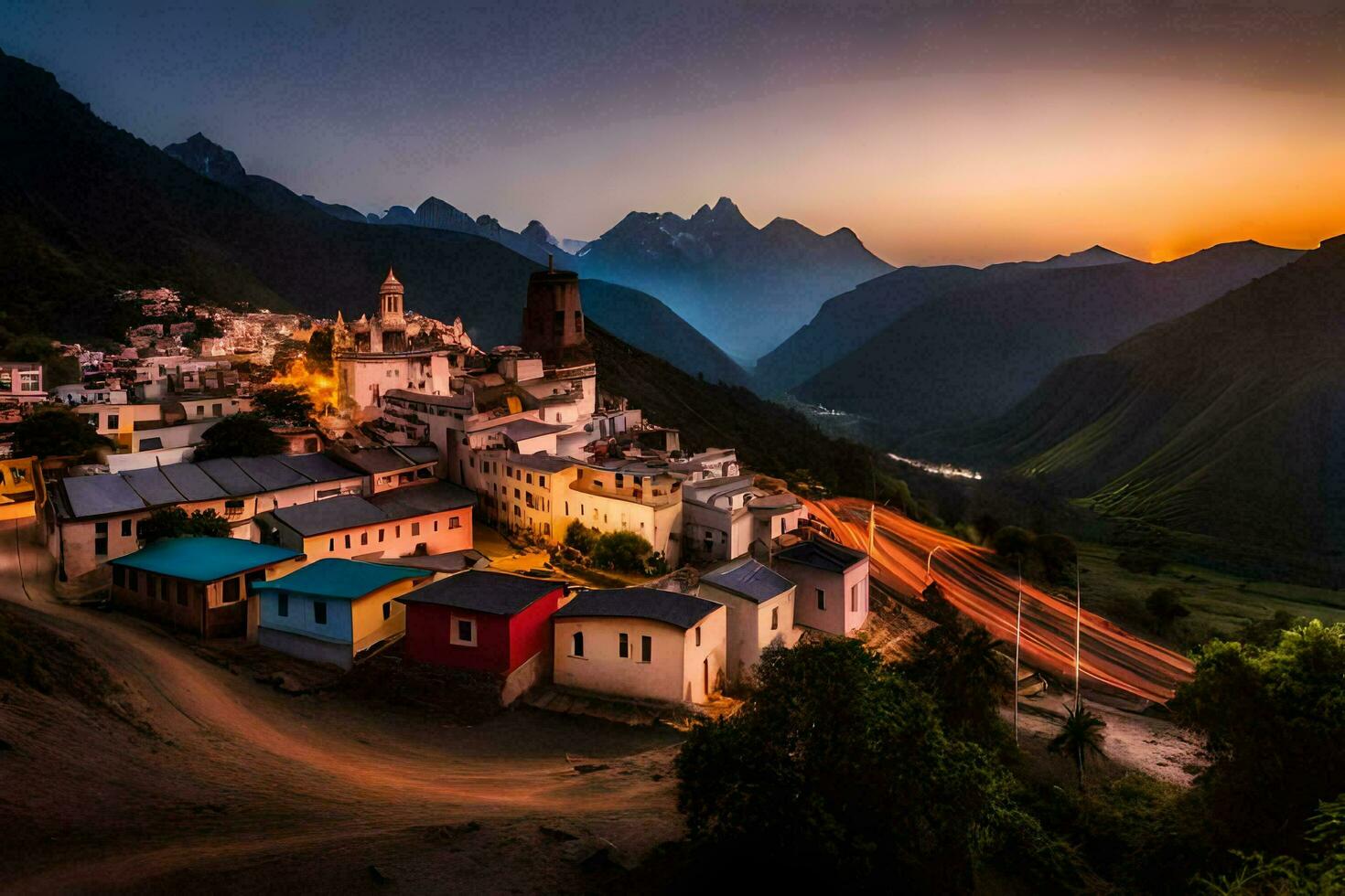 ein Dorf im das Berge beim Sonnenuntergang. KI-generiert foto