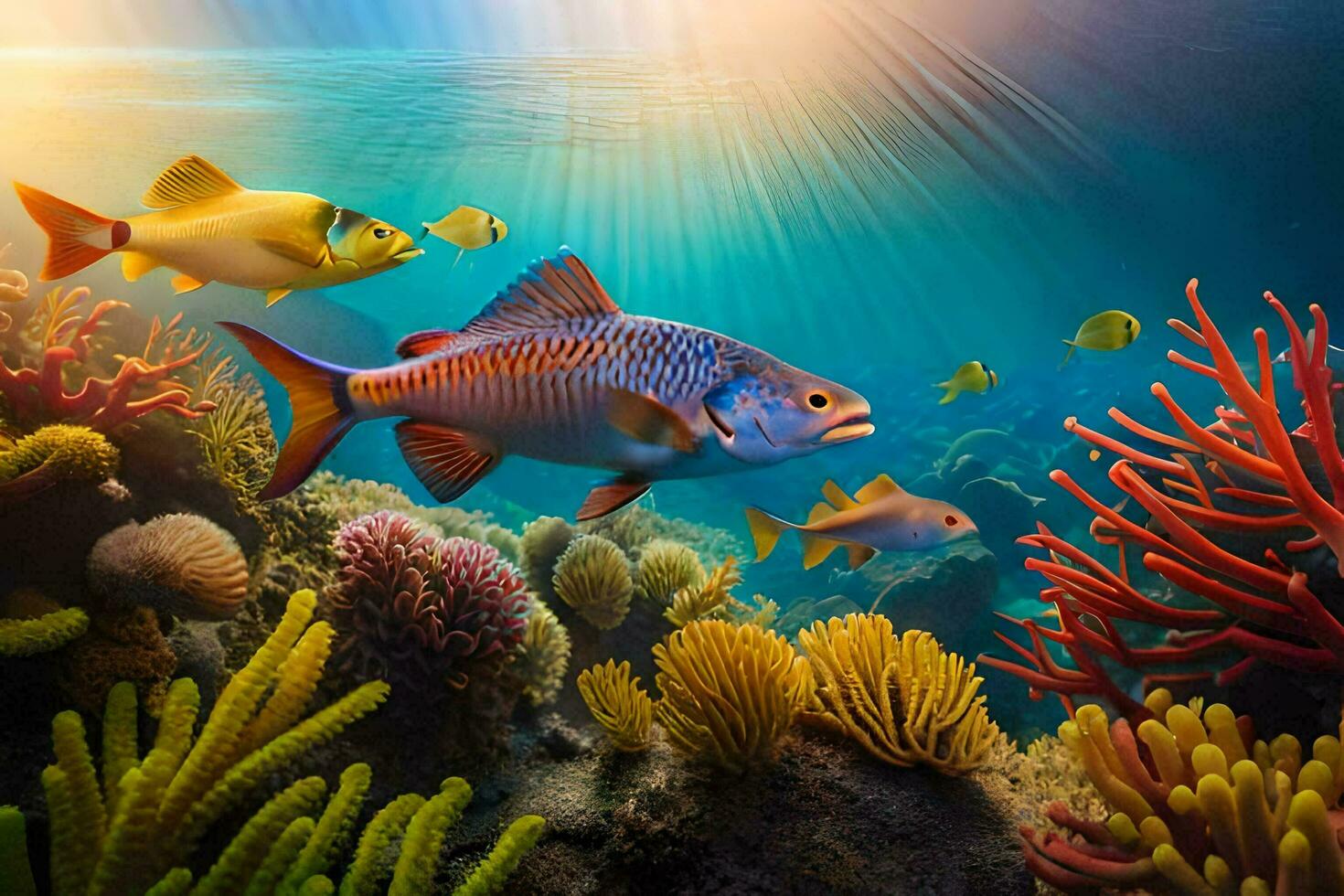 Foto Hintergrund Fisch, Koralle, das Ozean, das Sonne, das Meer, das Sonne, Die. KI-generiert