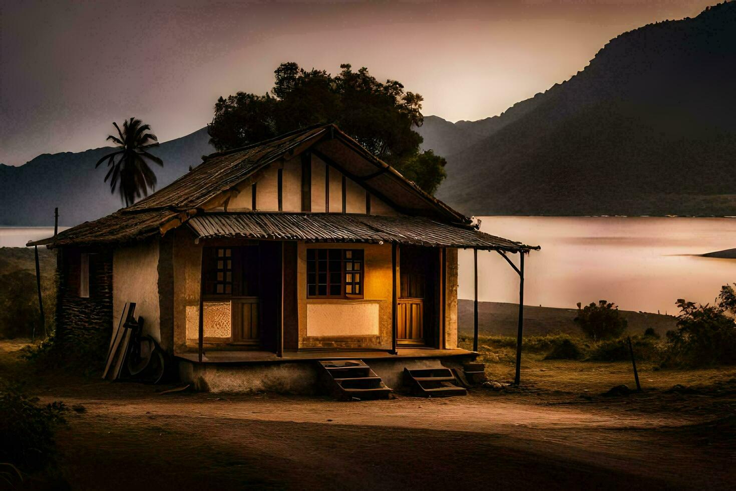 ein klein Haus sitzt auf das Seite von ein Hügel mit Blick auf ein See. KI-generiert foto