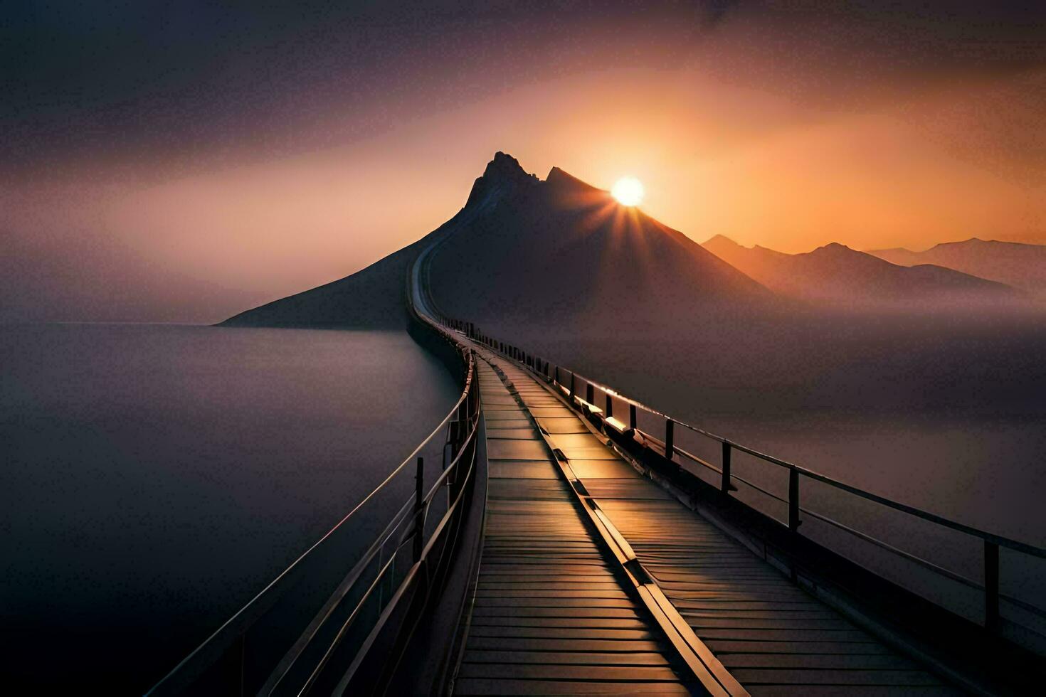 ein lange Brücke mit das Sonne Rahmen hinter Es. KI-generiert foto