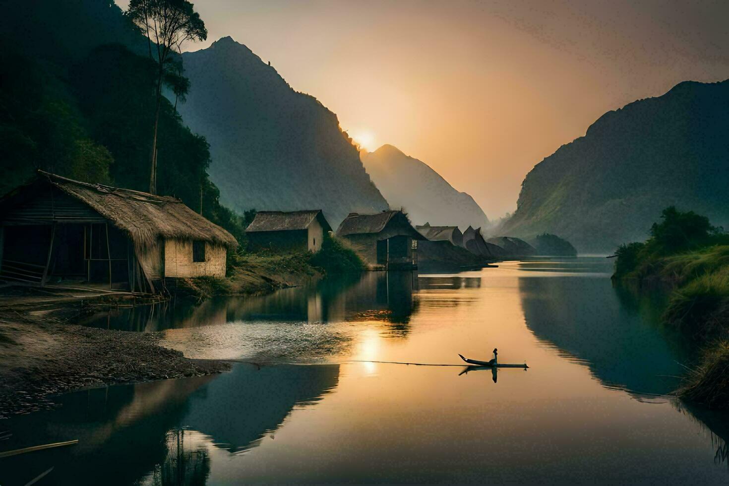 ein Boot ist schwebend im das Wasser in der Nähe von ein Berg Dorf. KI-generiert foto