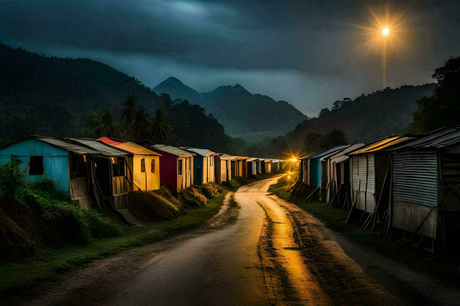 ein Straße mit Häuser und ein Licht leuchtenden Nieder auf Es. KI-generiert foto