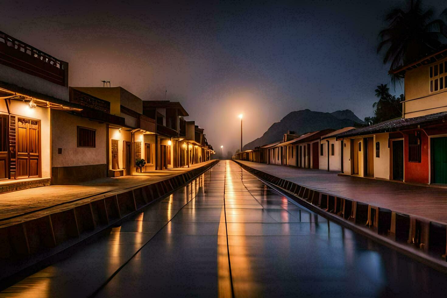 ein lang, leeren Straße beim Nacht mit Gebäude und Beleuchtung. KI-generiert foto