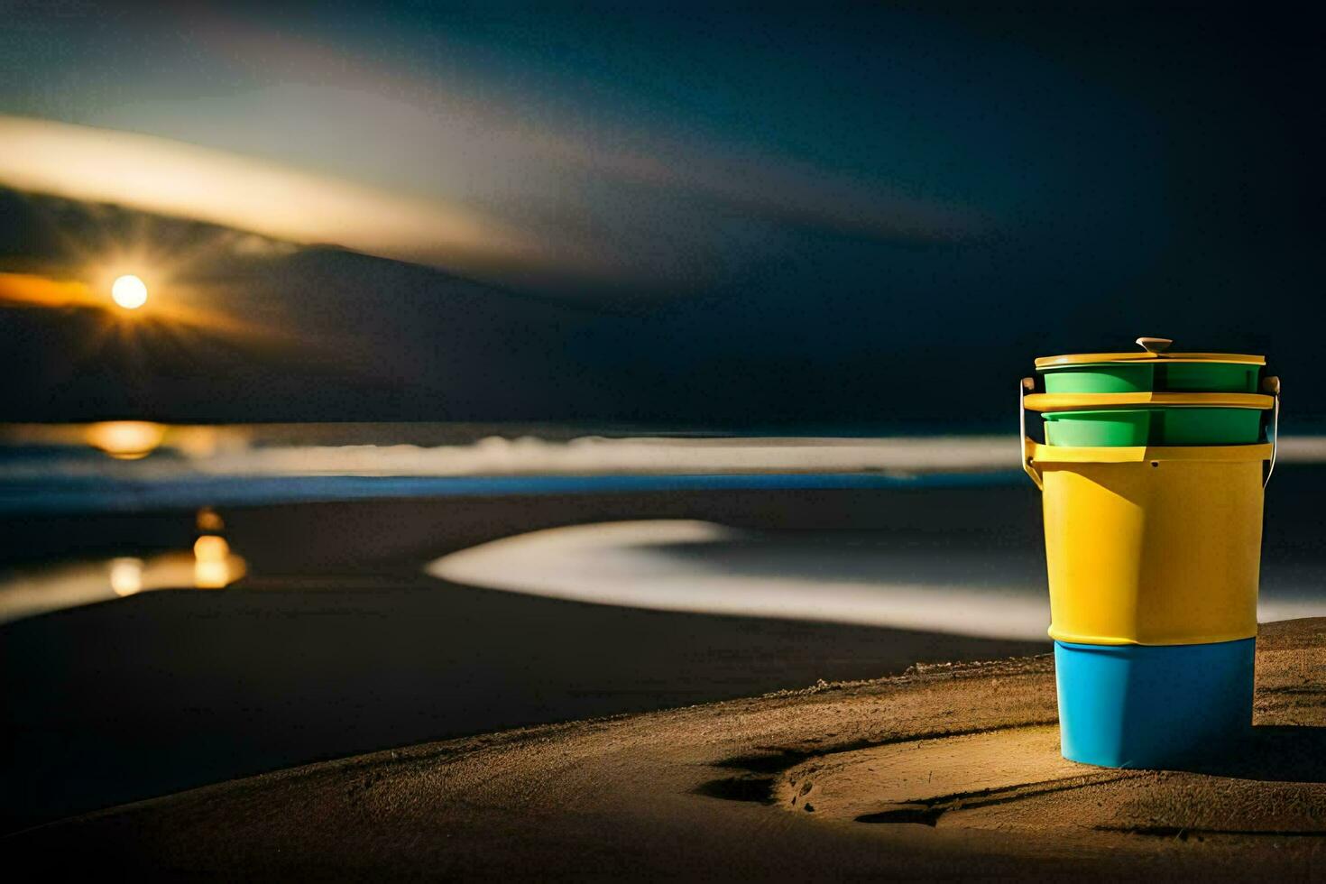 ein bunt Tasse sitzt auf das Sand beim Sonnenuntergang. KI-generiert foto
