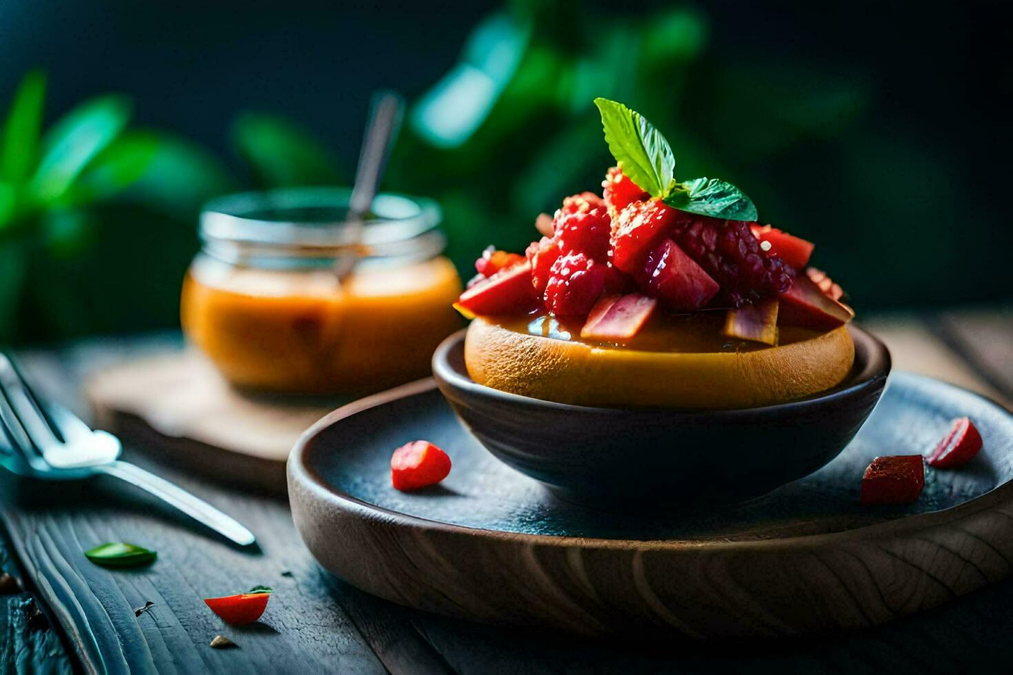 Erdbeere Rhabarber Dessert im ein Schüssel. KI-generiert foto