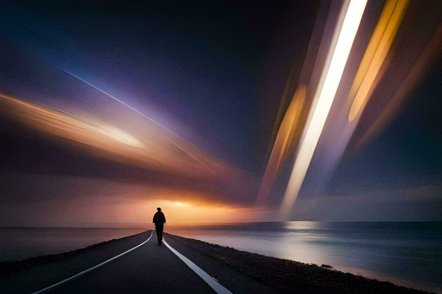 ein Mann Stehen auf das Straße beim Nacht mit ein lange Streifen von Licht. KI-generiert foto