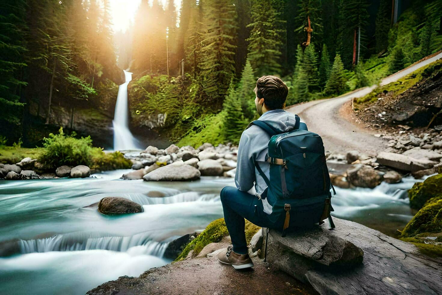 Mann mit Rucksack Sitzung auf Felsen in der Nähe von Wasserfall. KI-generiert foto