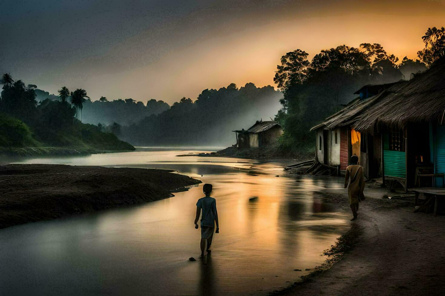 ein Junge steht im das Wasser beim Sonnenuntergang. KI-generiert foto