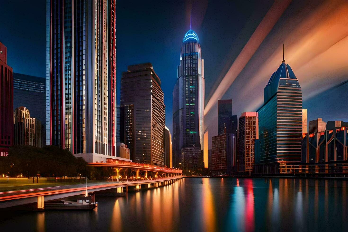 ein Stadt Horizont beim Nacht mit Beleuchtung und Verkehr. KI-generiert foto