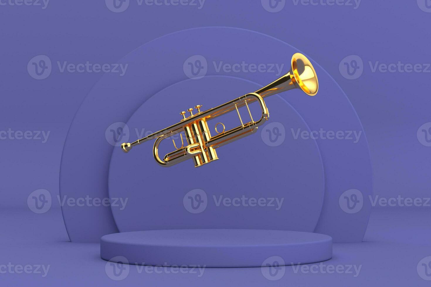poliert Messing- oder golden Trompete Über violett sehr peri Zylinder Produkte Bühne Sockel. 3d Rendern foto