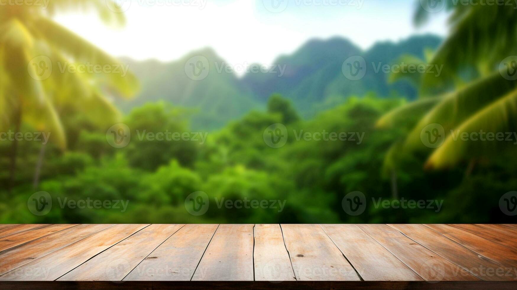 leeren hölzern Tabelle oben mit Wald und Vegetation Aussicht zum Produkt Präsentation und Nachbau ai generativ foto