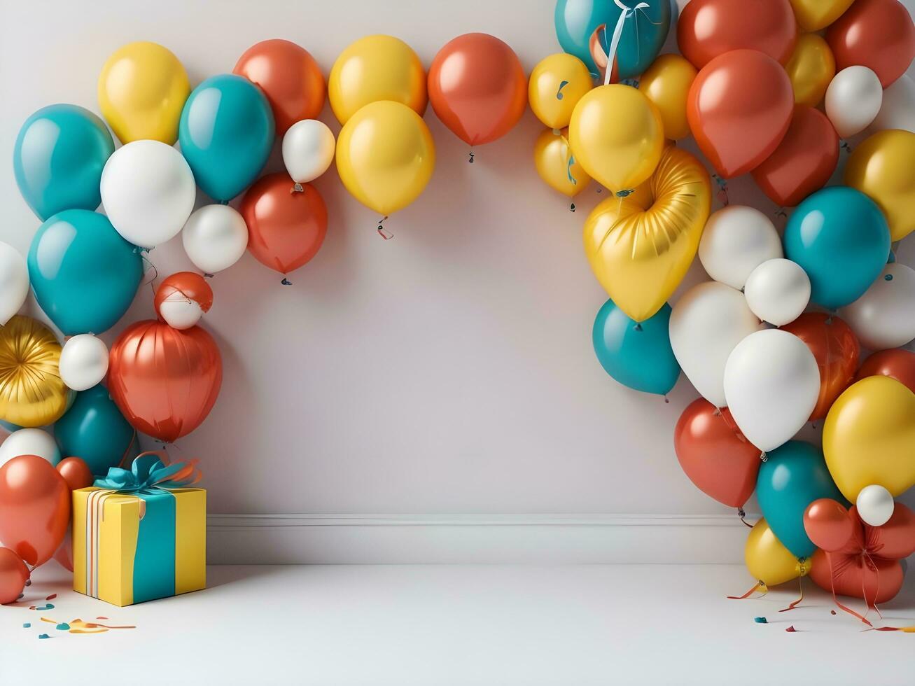 ein visuell reizvoll Kopieren Raum Banner mit Luftballons und Geschenk Dekorationen ai generieren foto