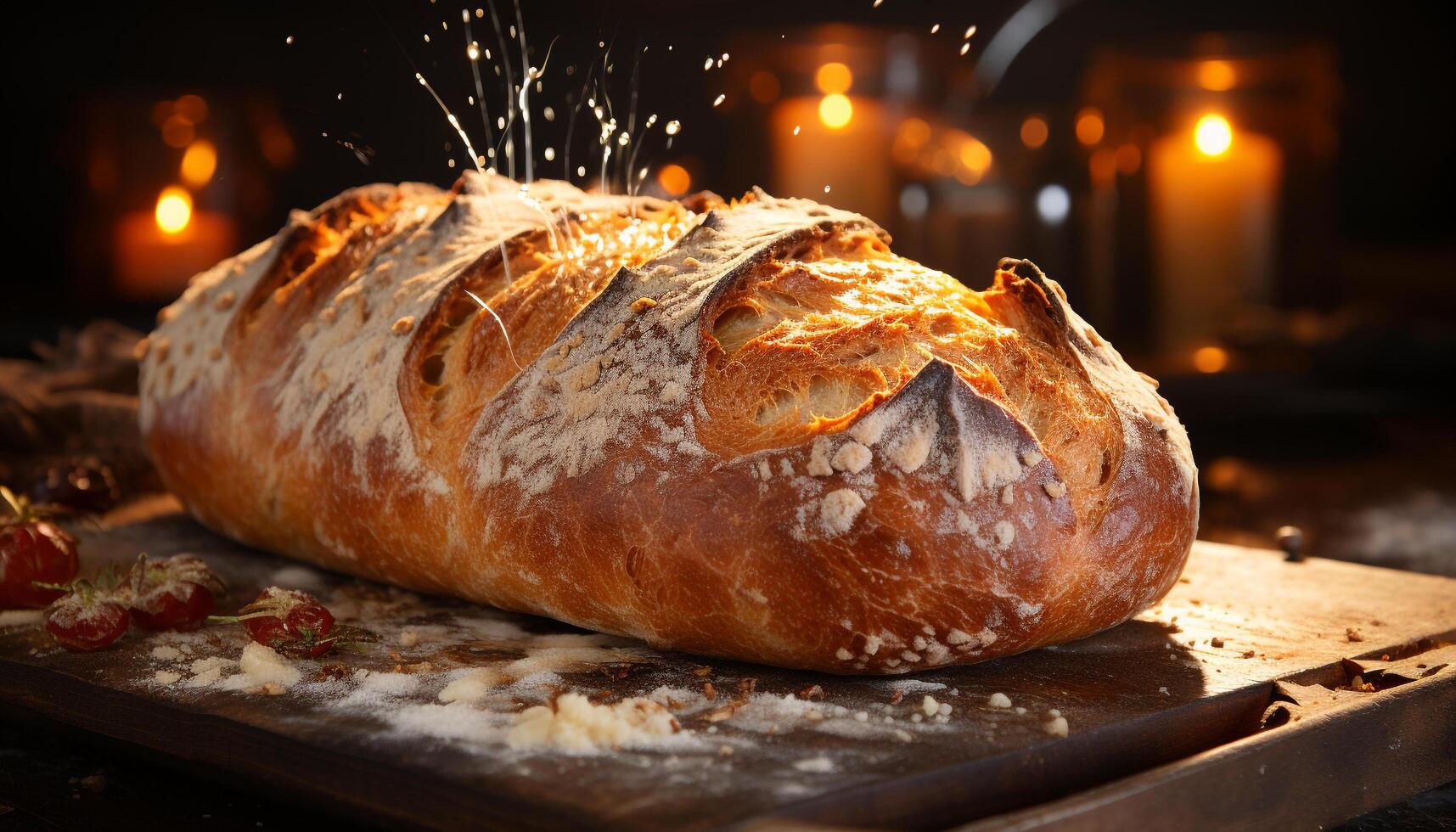 frisch gebacken Brot auf hölzern Tisch, bereit zu Essen Mahlzeit generiert durch ai foto