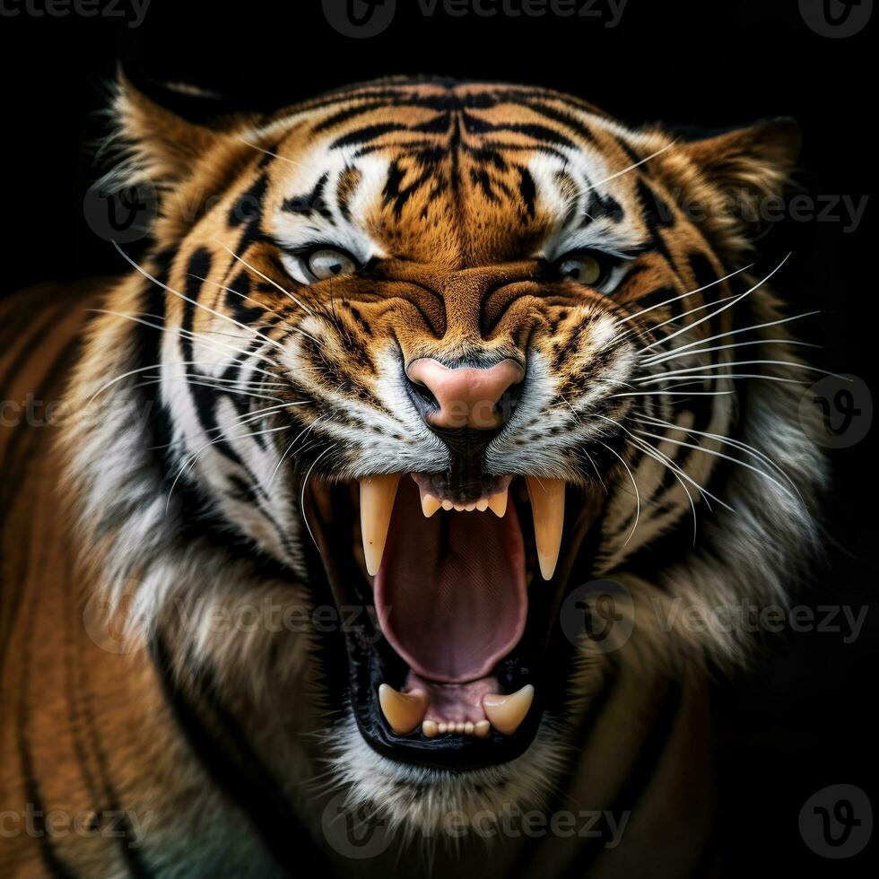 detailliert schließen oben Porträt von brüllend Tiger Tier auf schwarz Hintergrund, generativ ai foto