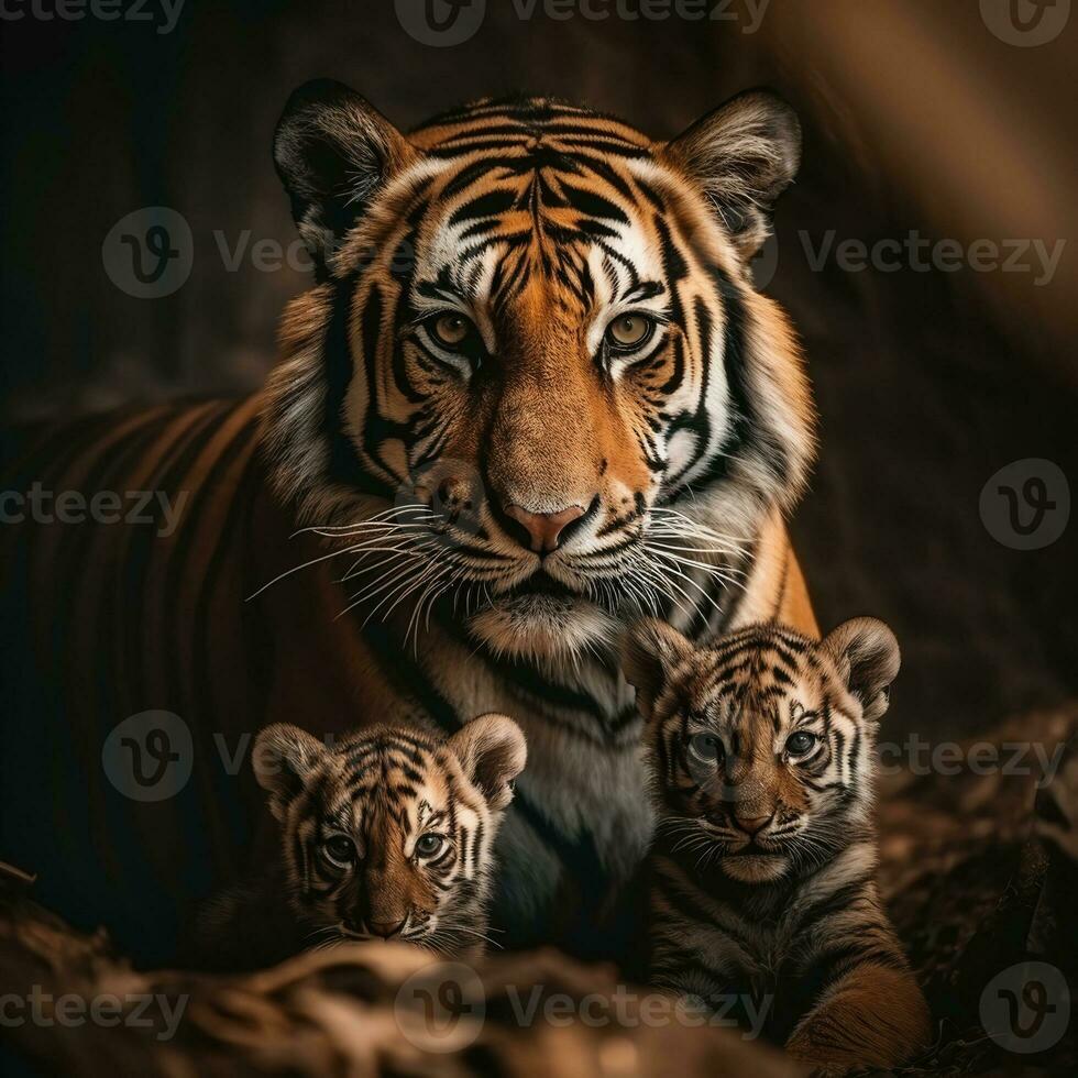 schließen oben detailliert Porträt von Mutter und Kind Tiger Familie Tier, generativ ai foto