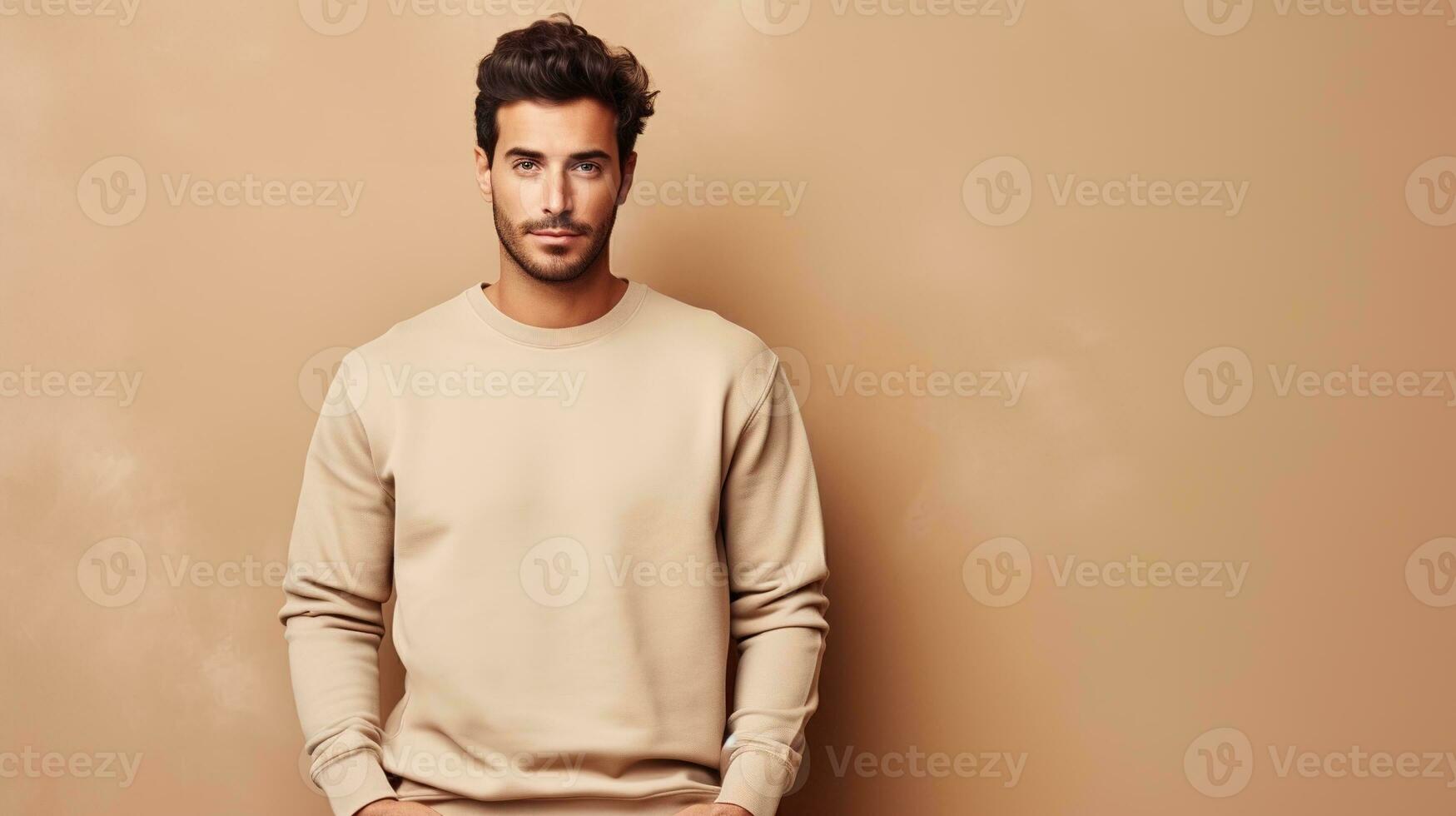 gut aussehend jung Mann im Beige Sweatshirt posieren gegen braun Hintergrund. ai generativ foto