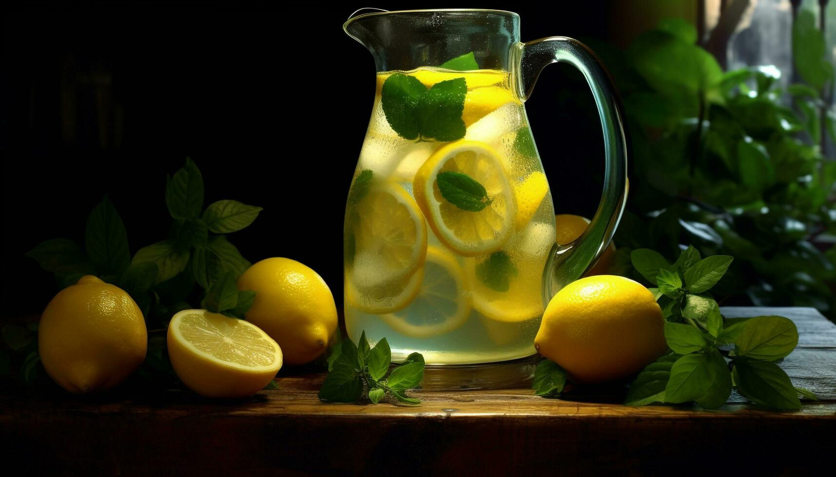 frisch Limonade auf ein hölzern Tisch, garniert mit Minze generiert durch ai foto