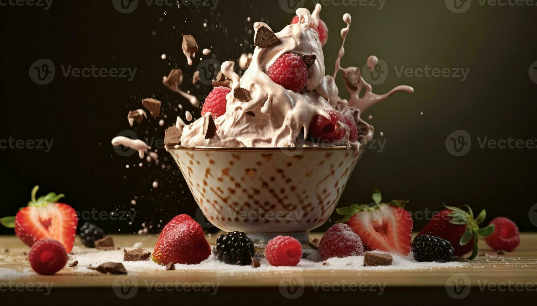 Erdbeere, Himbeere, Blaubeere, frisch Obst Genuss im cremig Dessert generiert durch ai foto