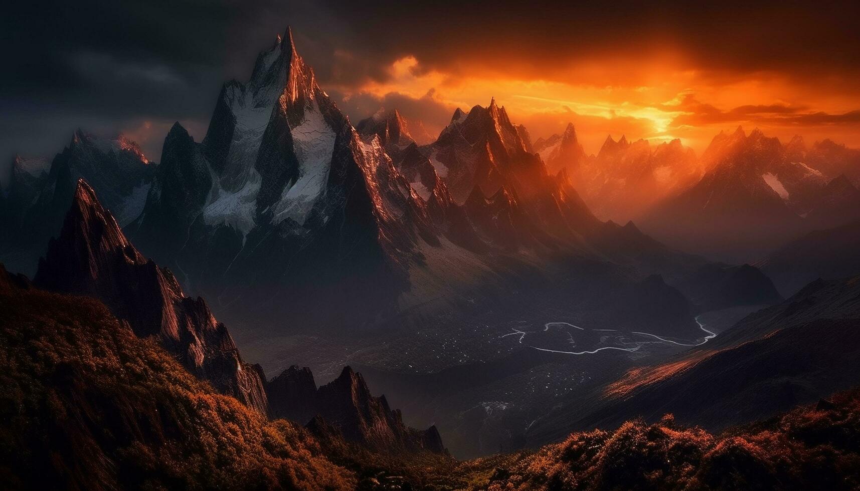 majestätisch Berg Gipfel, Sonnenuntergang Himmel, Panorama- Landschaft, still Wasser generiert durch ai foto