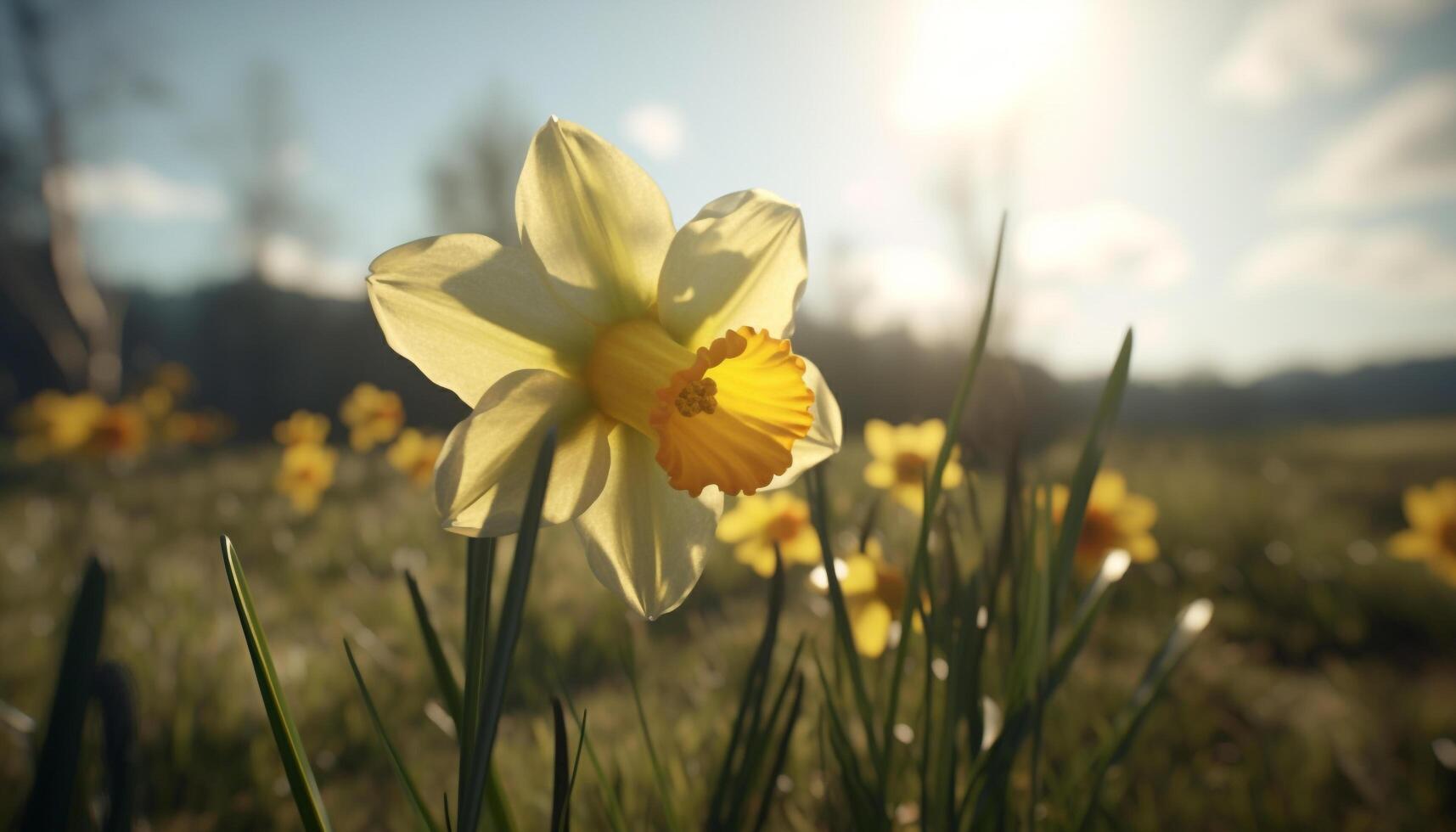 ein beschwingt Wiese von Gelb Gänseblümchen unter das Sommer- Sonne generiert durch ai foto