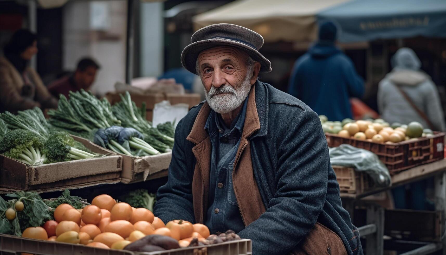 ein Senior Mann Kauf frisch organisch Früchte und Gemüse draußen generiert durch ai foto