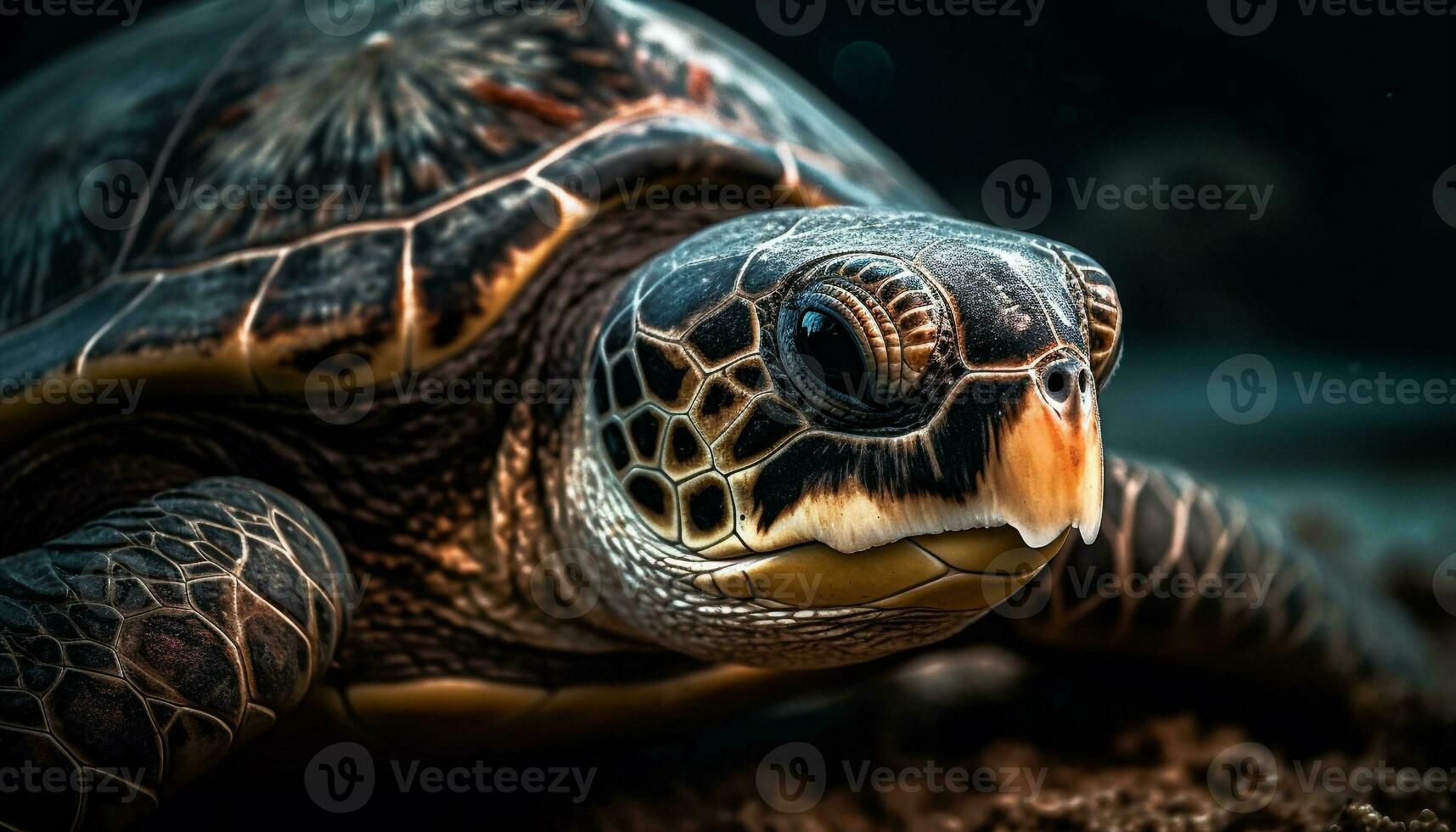 ein langsam, groß Schildkröte kriecht Unterwasser, es ist Schale multi farbig generiert durch ai foto