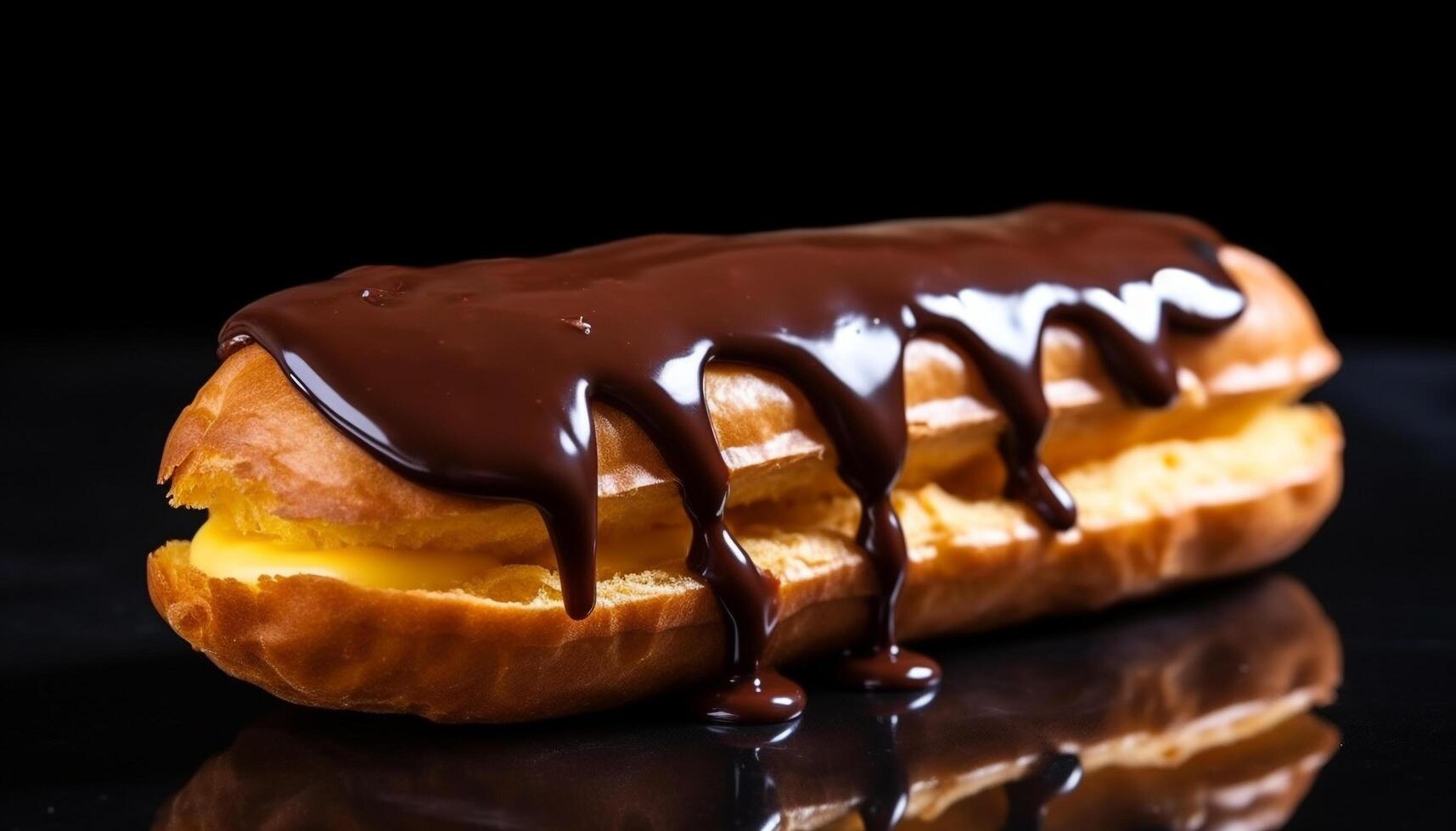 frisch gebacken Schokolade Eclair auf ein Platte, verlockend und nachsichtig generiert durch ai foto