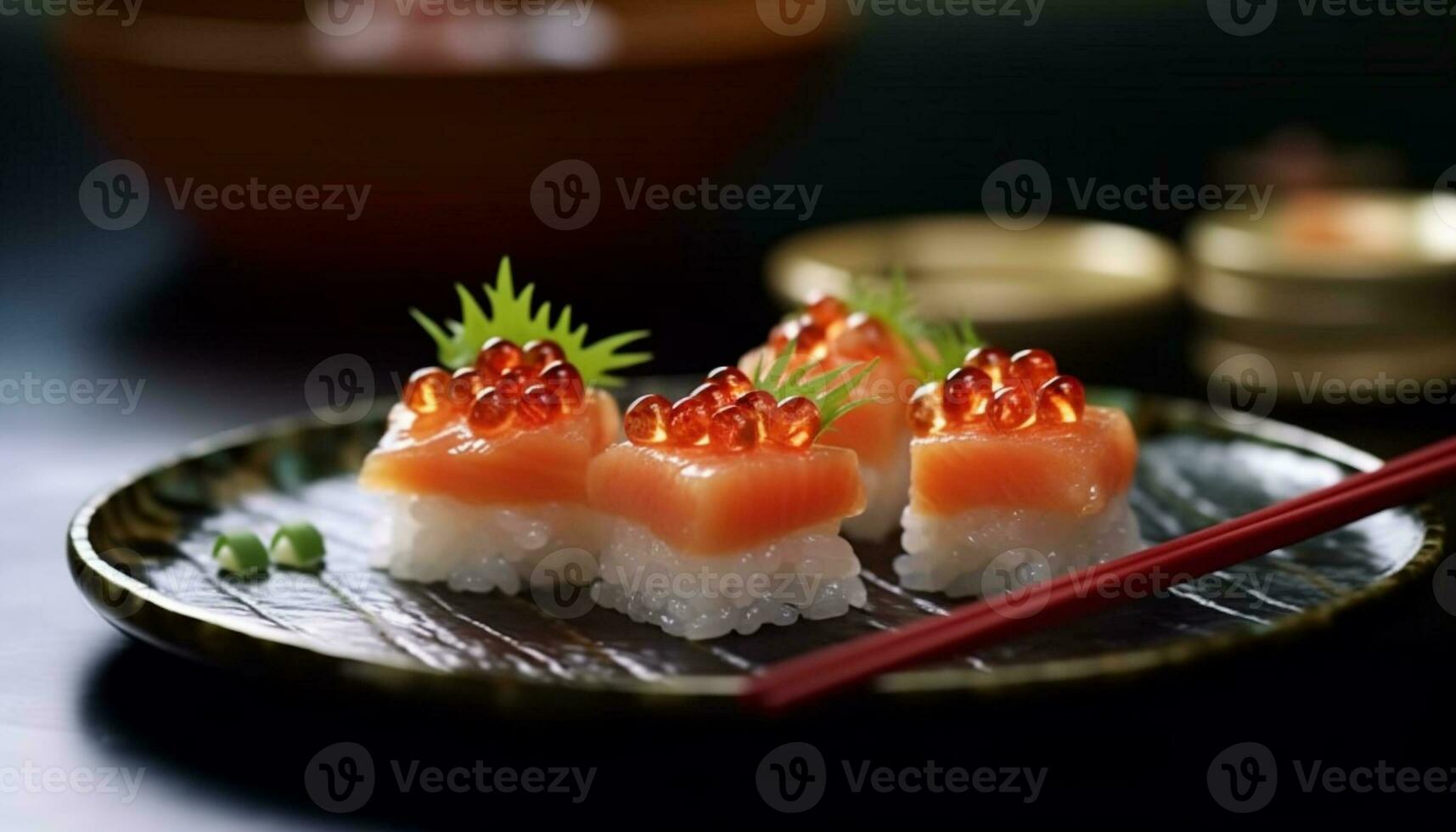 Frische und Kulturen auf ein Platte, Sushi Rollen zum Mittagessen generiert durch ai foto