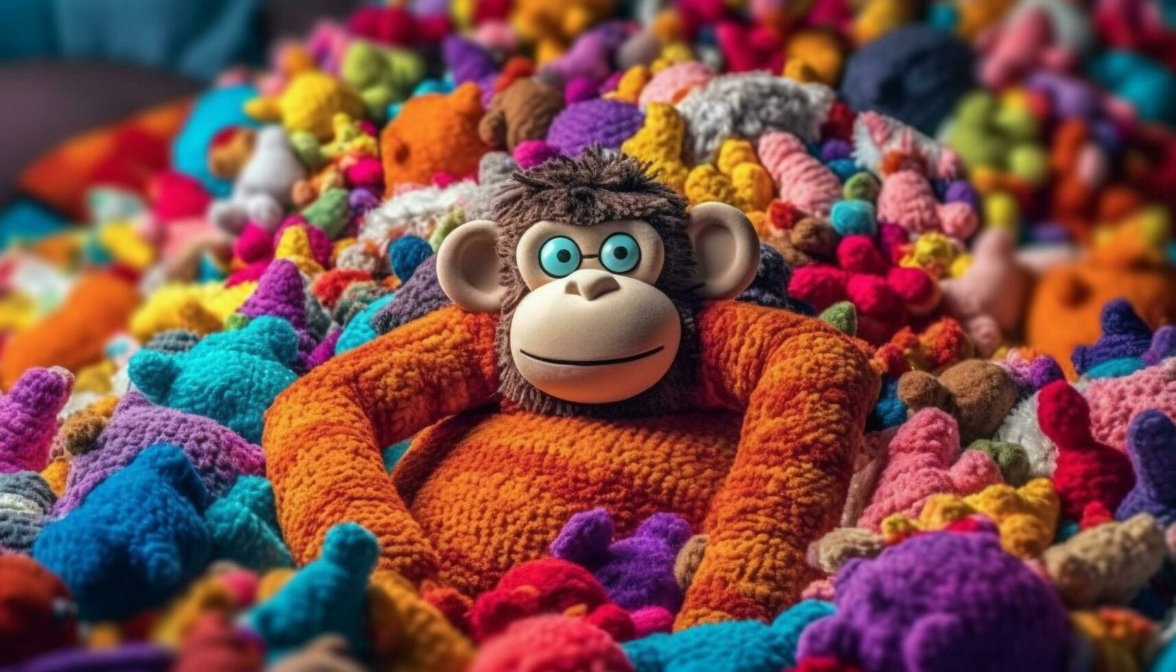 ein süß Affe Spielzeug, gestrickt mit multi farbig wolle, bringt Spaß generiert durch ai foto
