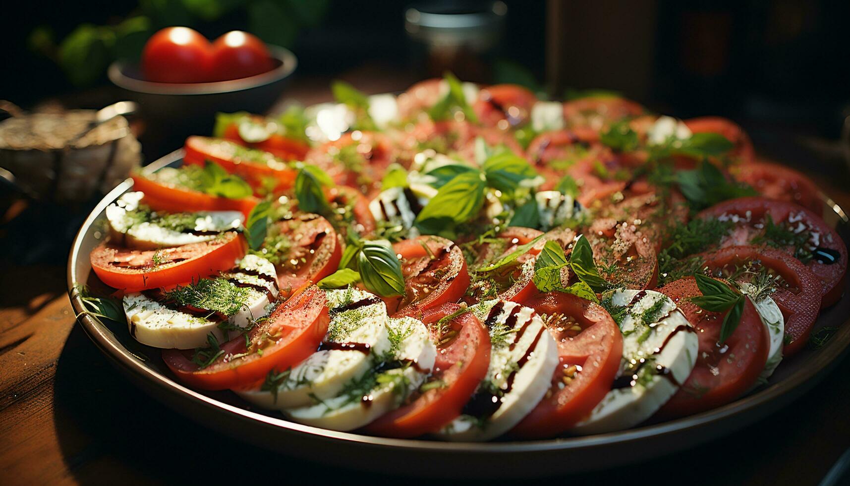 frisch Tomate Salat, ein gesund Gourmet Mahlzeit auf ein Teller generiert durch ai foto