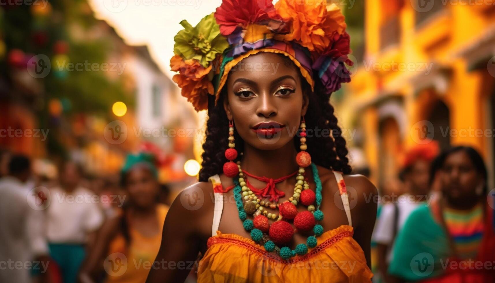 lächelnd jung Frauen im traditionell Kleidung feiern Brasilianer Kultur draußen generiert durch ai foto