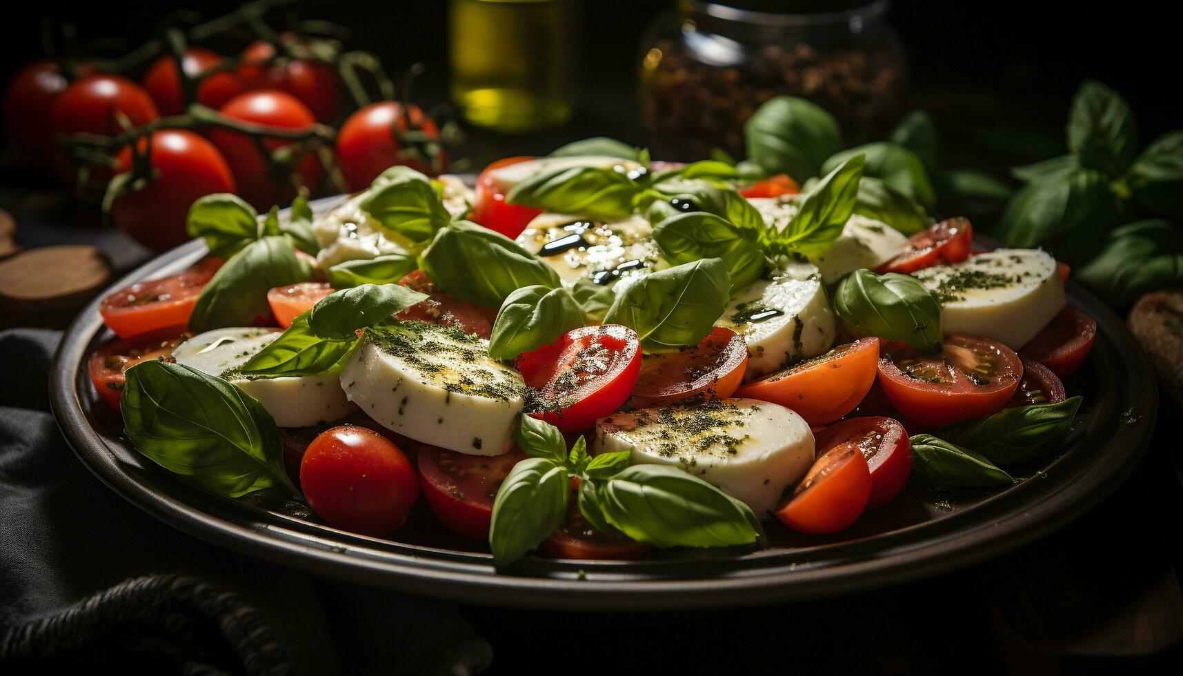 frisch Tomate Salat, ein gesund Gourmet Vorspeise auf hölzern Teller generiert durch ai foto