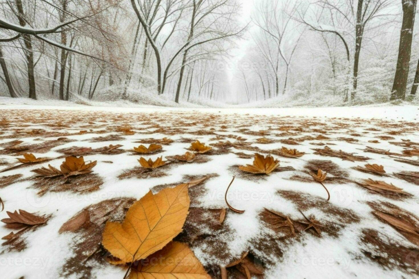 gefallen Blätter im schneebedeckt Wald Park. Hintergrund. ai generativ Profi Foto