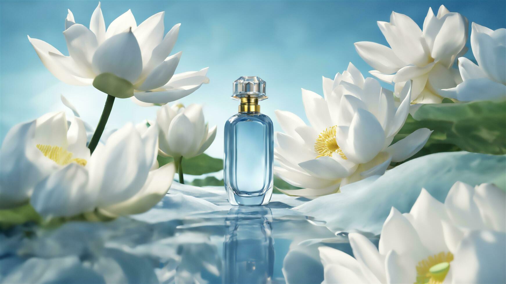 ai generiert Parfüm Flasche Attrappe, Lehrmodell, Simulation mit Weiß Lotus foto