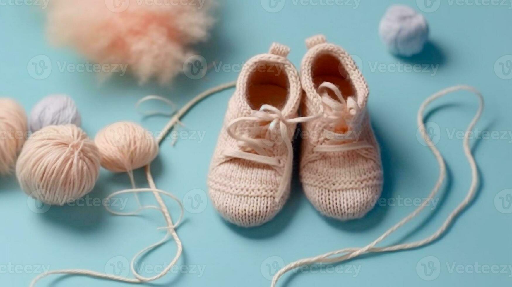 Junge oder Mädchen Stricken zum neugeboren, häkeln. Stiefeletten, oben Aussicht auf ein Sanft Rosa Blau Beige Hintergrund, Zärtlichkeit, Stricken Nadeln, wolle, Spitze Band, ai generiert foto