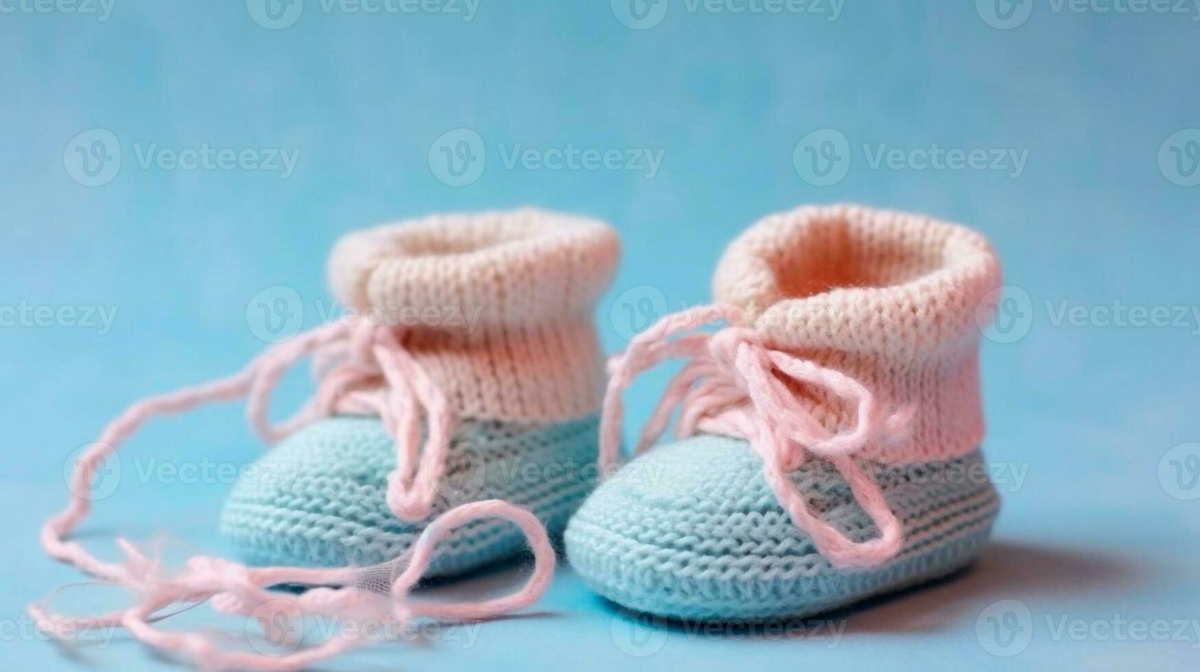 Junge oder Mädchen Stricken zum neugeboren, häkeln. Stiefeletten, oben Aussicht auf ein Sanft Rosa Blau Beige Hintergrund, Zärtlichkeit, Stricken Nadeln, wolle, Spitze Band, ai generiert foto