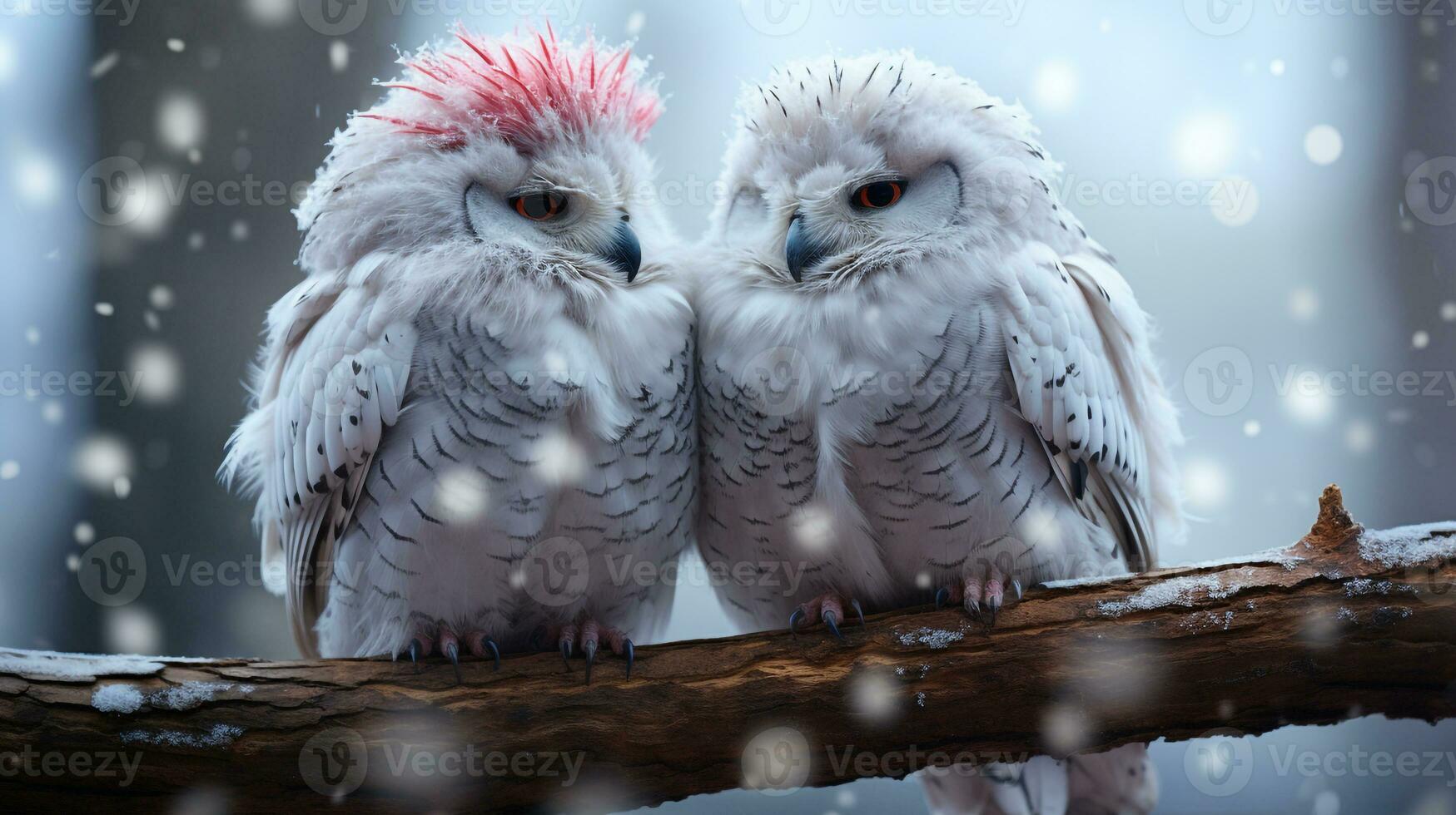Foto von herzzerreißend zwei schneebedeckt Eulen mit ein Betonung auf Ausdruck von Liebe. generativ ai