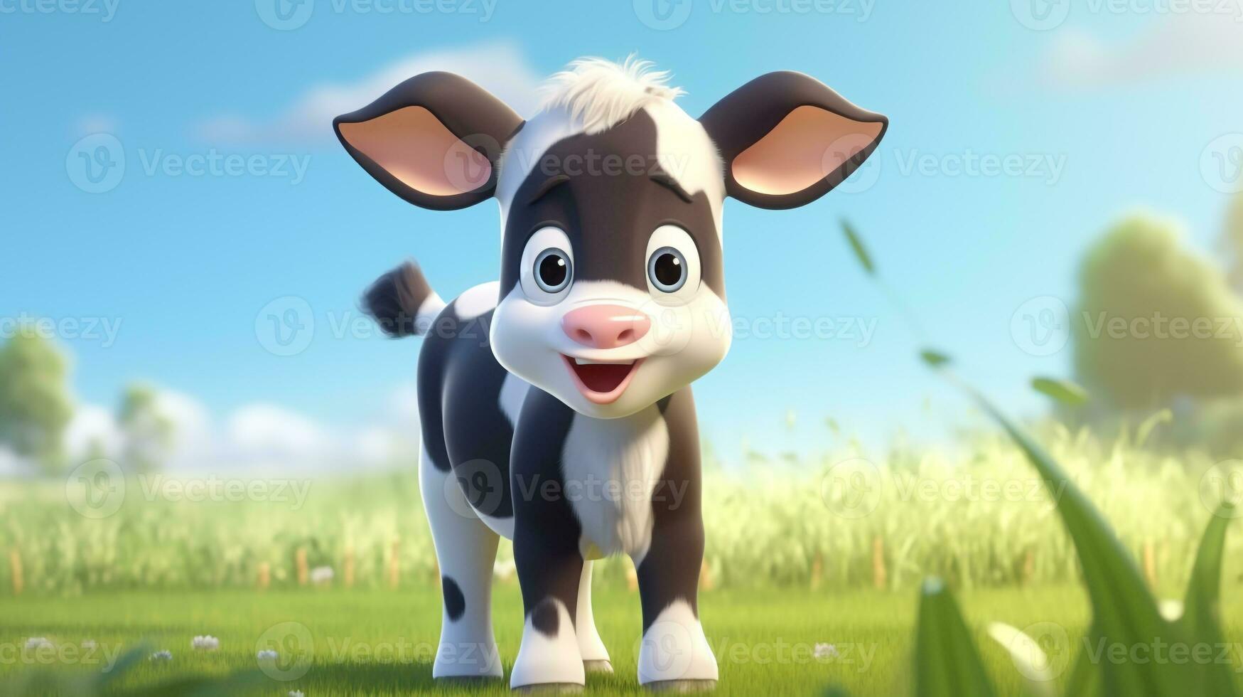ein süß wenig Kuh im Disney Karikatur Stil. generativ ai foto