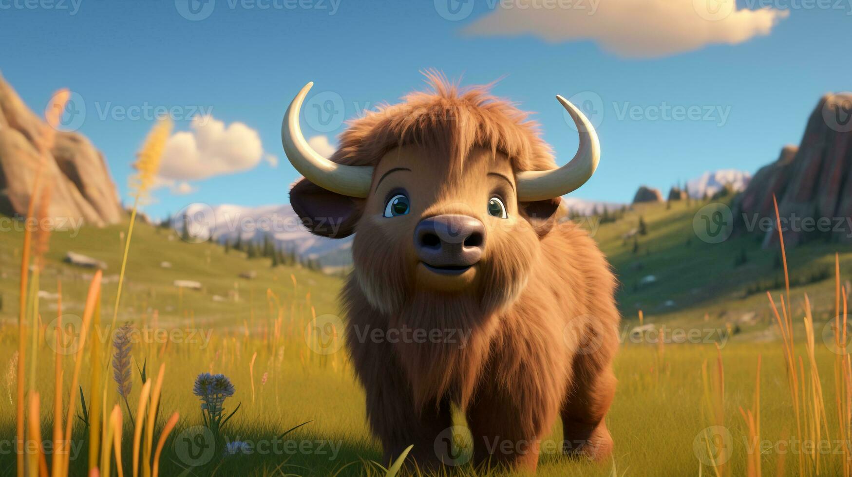 ein süß wenig Büffel im Disney Karikatur Stil. generativ ai foto
