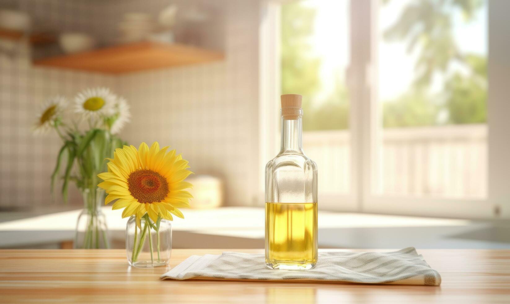Flasche von Sonnenblume Öl im das Weiß Licht Küche mit hölzern Fassaden und Haushaltsgeräte ai generiert foto