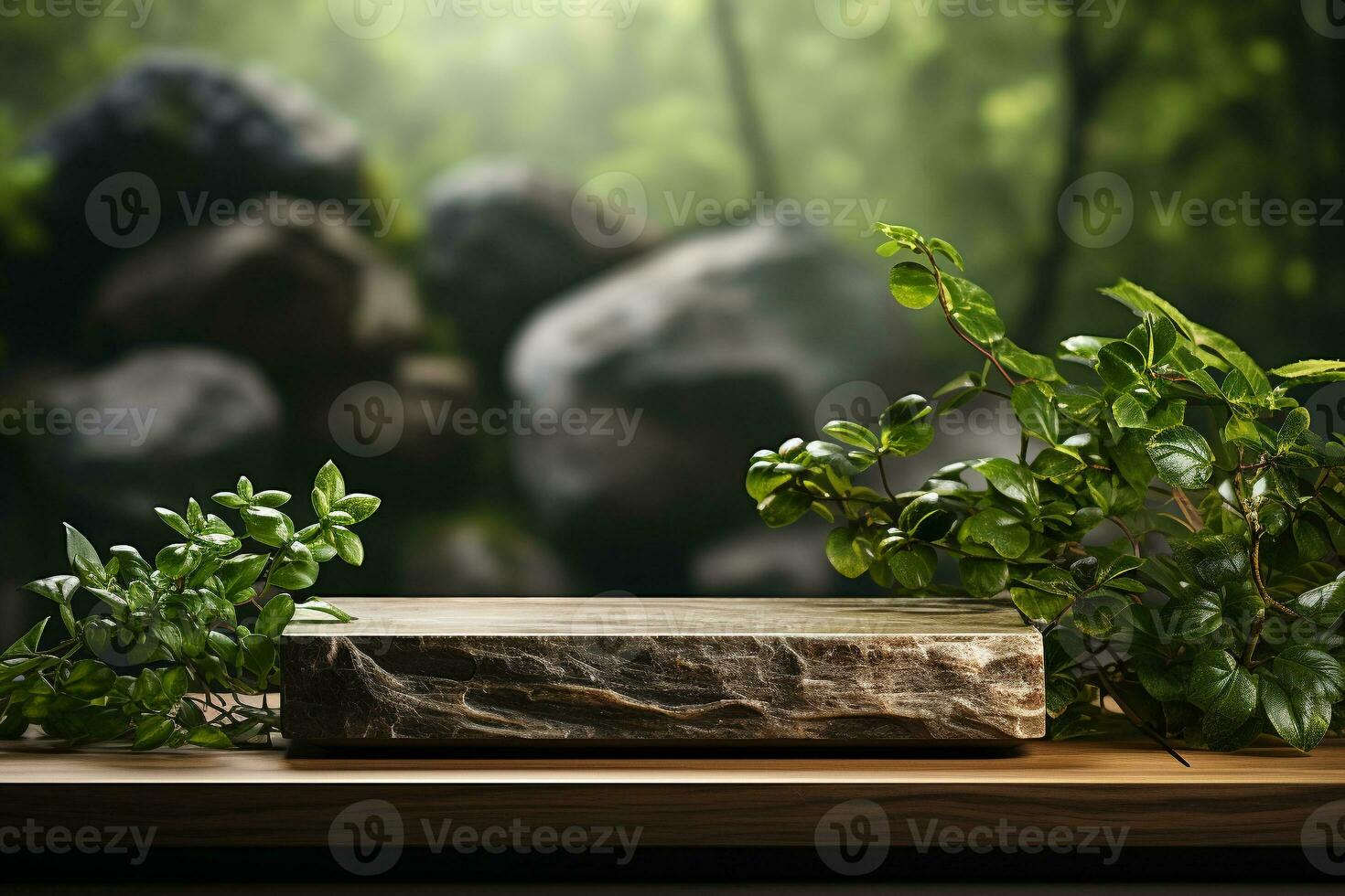 Marmor Stein Podium zum Produkt Anzeige im Vorderseite von das Wald generativ durch ai foto